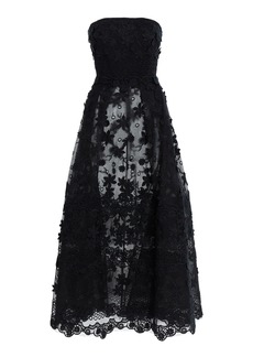 Elie Saab - Floral-Embroidered Tulle Strapless Midi Dress - Black - FR 36 - Moda Operandi