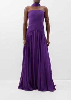 Elie Saab - Pleated Strapless Silk-blend Gown - Womens - Purple