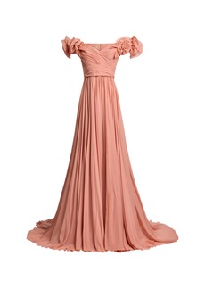 Elie Saab - Ruffled Off-The-Shoulder Silk Maxi Dress - Nude - FR 38 - Moda Operandi