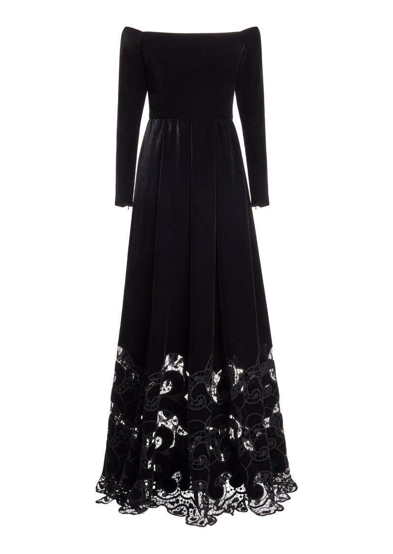 Elie Saab - Velvet Embroidered Off-The-Shoulder Maxi Dress - Black - FR 38 - Moda Operandi