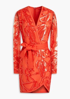 Elie Saab - Wrap-effect sequin-embellished tulle mini dress - Orange - FR 38