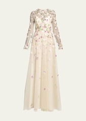 Elie Saab Long Floral Applique Tulle Dress