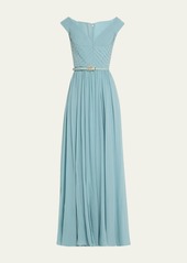 Elie Saab Pleated Silk Gown with Scarf and Belted Waist