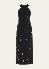 Elie Saab Studded Cady Sleeveless Halter Midi Dress