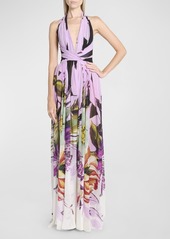 Elie Saab Floral-Print Plunging Halter Silk Gown