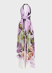 Elie Saab Floral-Print Plunging Halter Silk Gown