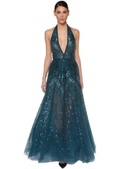 Elie Saab Sequin & Beads Embellished Tulle Dress