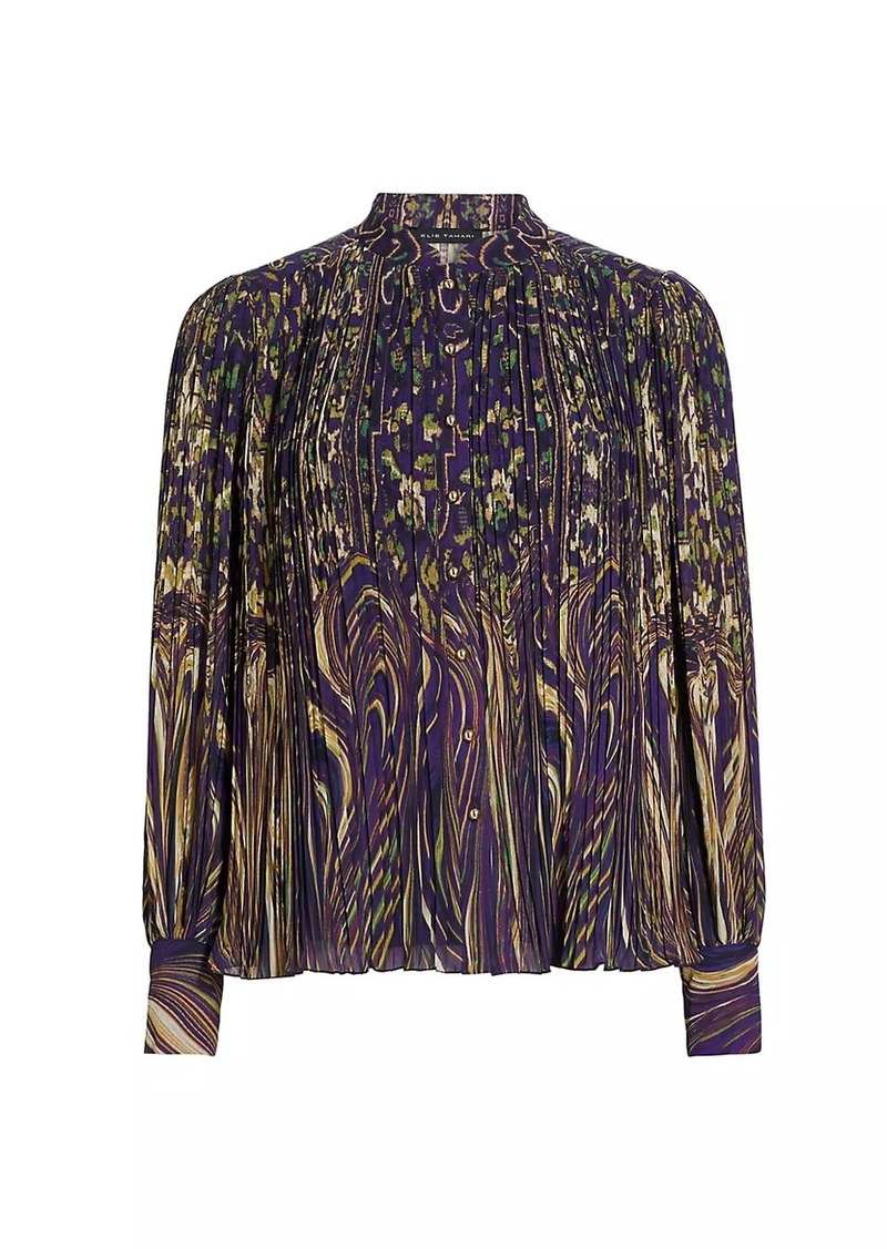 Elie Tahari Abbey Pleated Abstract Chiffon Blouse