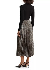 Elie Tahari Mave Leopard Mixed-Media Midi-Dress