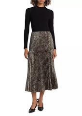 Elie Tahari Mave Leopard Mixed-Media Midi-Dress