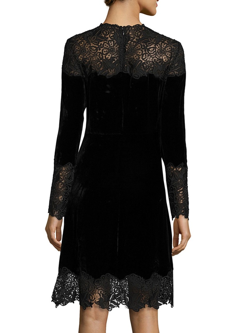 Elie Tahari Elie Tahari Anderson Long-Sleeve Velvet & Lace A-Line Dress ...