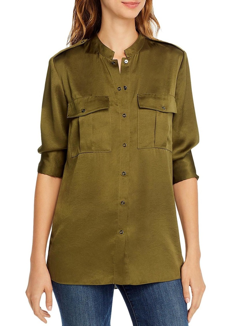 Elie Tahari Emmett Womens Band Collar Pockets Blouse