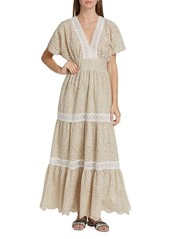 Elie Tahari Lace Trimmed Tiered Eyelet Maxi Dress