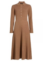 Elie Tahari Penny Pleated Cashmere Long-Sleeve Midi-Dress