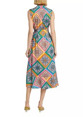 Elie Tahari Phoebe Mosaic Silk Tie-Waist Midi-Dress