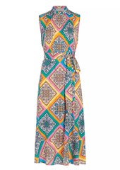 Elie Tahari Phoebe Mosaic Silk Tie-Waist Midi-Dress