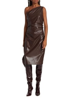 Elie Tahari Vegan Leather One Shoulder Ruched Midi Dress
