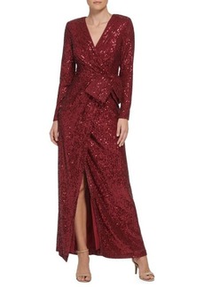 Eliza J Belted Wrap Sequin Gown
