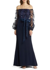 Eliza J Floating Petals Long Sleeve Off the Shoulder Gown