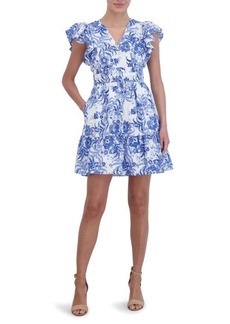 Eliza J Floral Flutter Sleeve Fit & Flare Cotton Dress