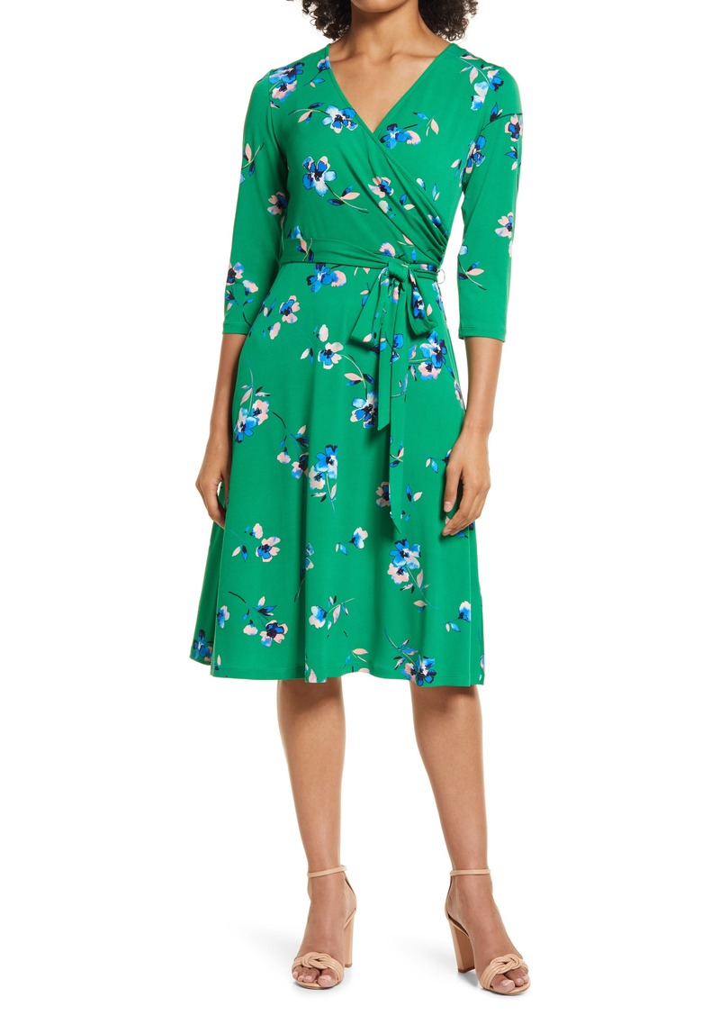 Eliza J Floral Long Sleeve Faux Wrap Dress in Green at Nordstrom Rack