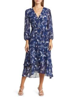 Eliza J Floral Long Sleeve Faux Wrap Midi Dress