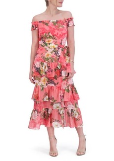 Eliza J Floral Off the Shoulder Tiered Midi Dress