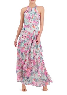 Eliza J Floral Print Asymmetric Ruffle Sleeveless Maxi Dress