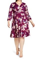 Eliza J Floral Ruched Waist Long Sleeve Midi Dress (Plus Size)