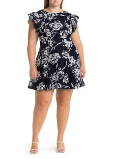 Eliza J Floral Ruffle Sleeve Lace Fit & Flare Dress in Navy at Nordstrom Rack
