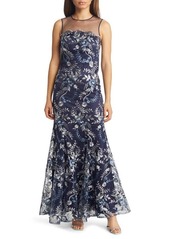 Eliza J Floral Sequin Embroidered Sheer Yoke Gown