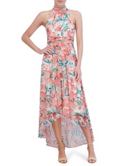 Eliza J Floral Sleeveless High-Low Chiffon Gown