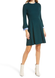 Eliza J Long Sleeve Fit & Flare Sweater Minidress in Green at Nordstrom