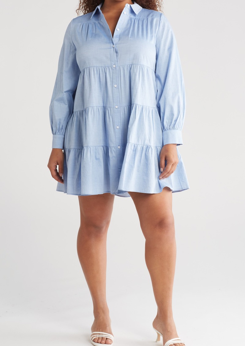 Eliza J Long Sleeve Tiered Shirtdress in Blue at Nordstrom Rack