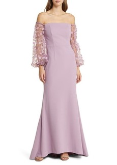 Eliza J Off the Shoulder 3D Floral Sleeve Scuba Crepe Evening Dress