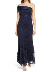 Eliza J One Shoulder Satin Band Lace Overlay Mermaid Gown