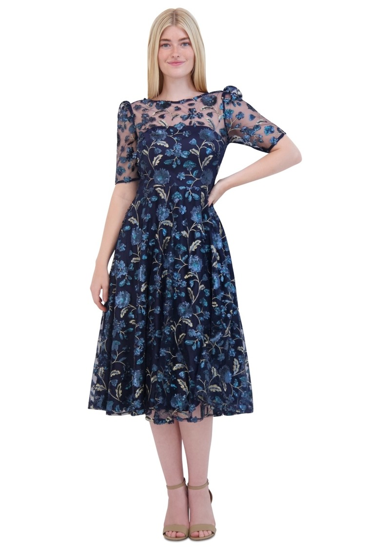 Eliza J Petite Boat-Neck Floral-Sequin Midi Dress - Navy