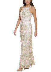 Eliza J Petite Floral-Applique Embroidered Gown - Pink Champagne