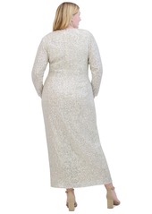 Eliza J Plus Size Boat-Neck Long-Sleeve Sequin Gown - Silver