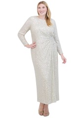 Eliza J Plus Size Boat-Neck Long-Sleeve Sequin Gown - Silver