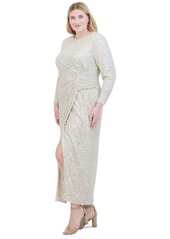 Eliza J Plus Size Boat-Neck Long-Sleeve Sequin Gown - Silver