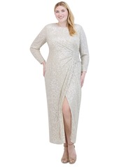 Eliza J Plus Size Boat-Neck Long-Sleeve Sequin Gown - Silver