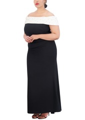 Eliza J Plus Size Embellished Off-The-Shoulder Gown - Black White