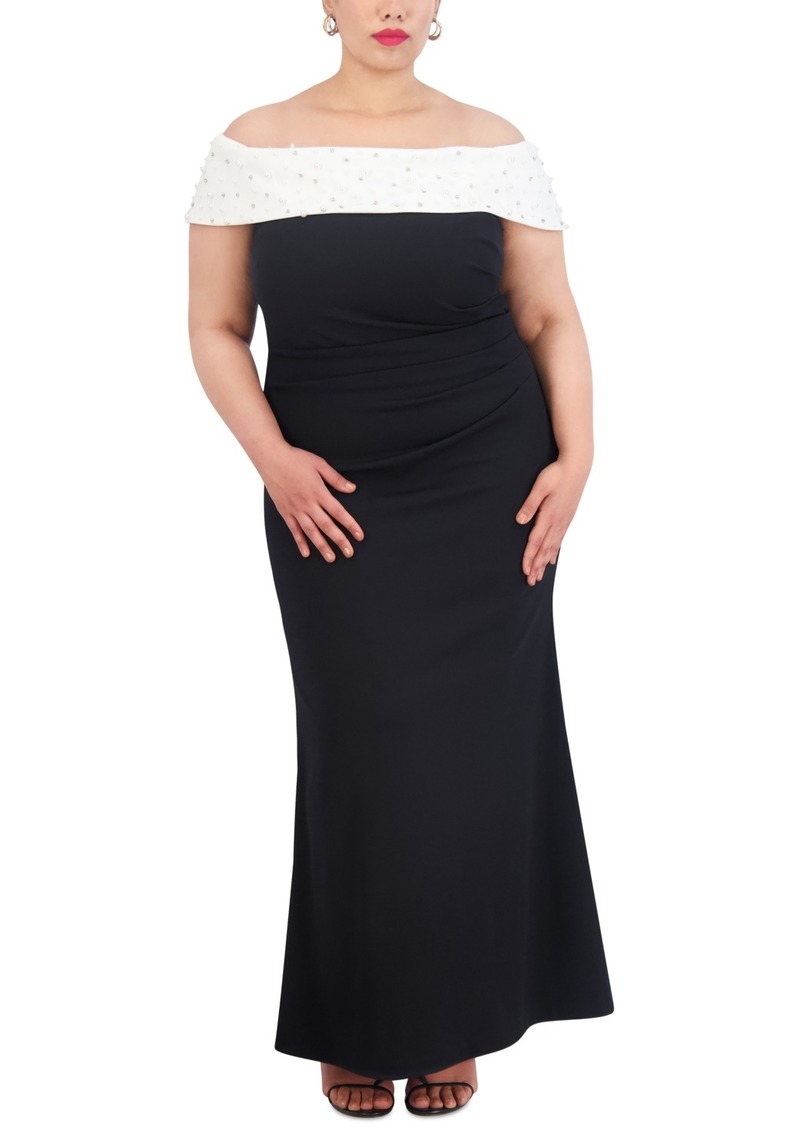 Eliza J Plus Size Embellished Off-The-Shoulder Gown - Black White