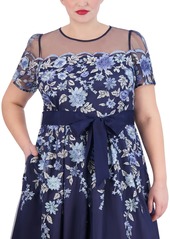 Eliza J Plus Size Embroidered Mesh Dress - Navy