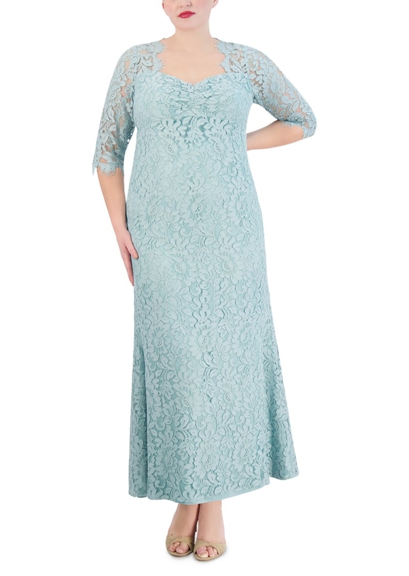 Eliza J Plus Size Lace 3/4-Sleeve Gown - Sage