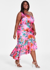 Eliza J Plus Size Printed Asymmetric-Neck One-Shoulder Dress - Hot Pink