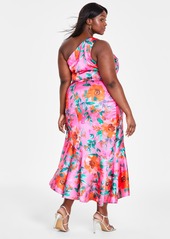 Eliza J Plus Size Printed Asymmetric-Neck One-Shoulder Dress - Hot Pink