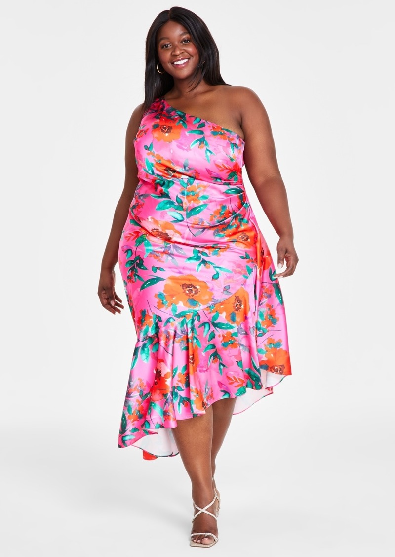 Eliza J Plus Size Printed Asymmetric-Neck One-Shoulder Dress - Hot Pink