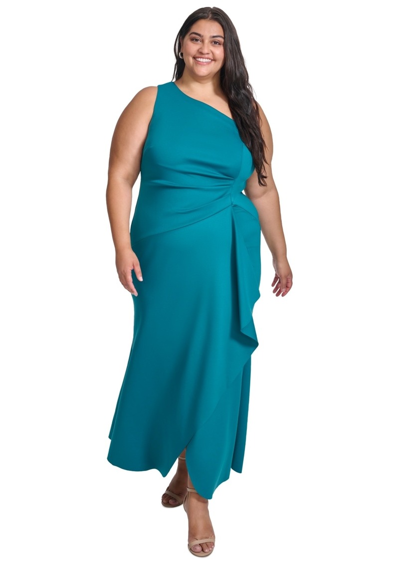 Eliza J Plus Size Ruched One-Shoulder Gown - Teal